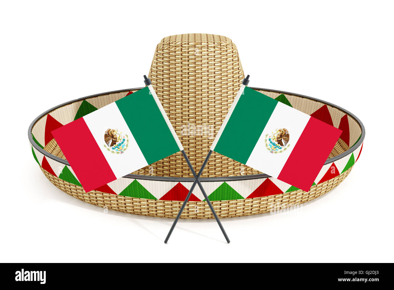 Mexican Hat o sombrero e bandierine messicane isolati su sfondo bianco. 3D'illustrazione. Foto Stock