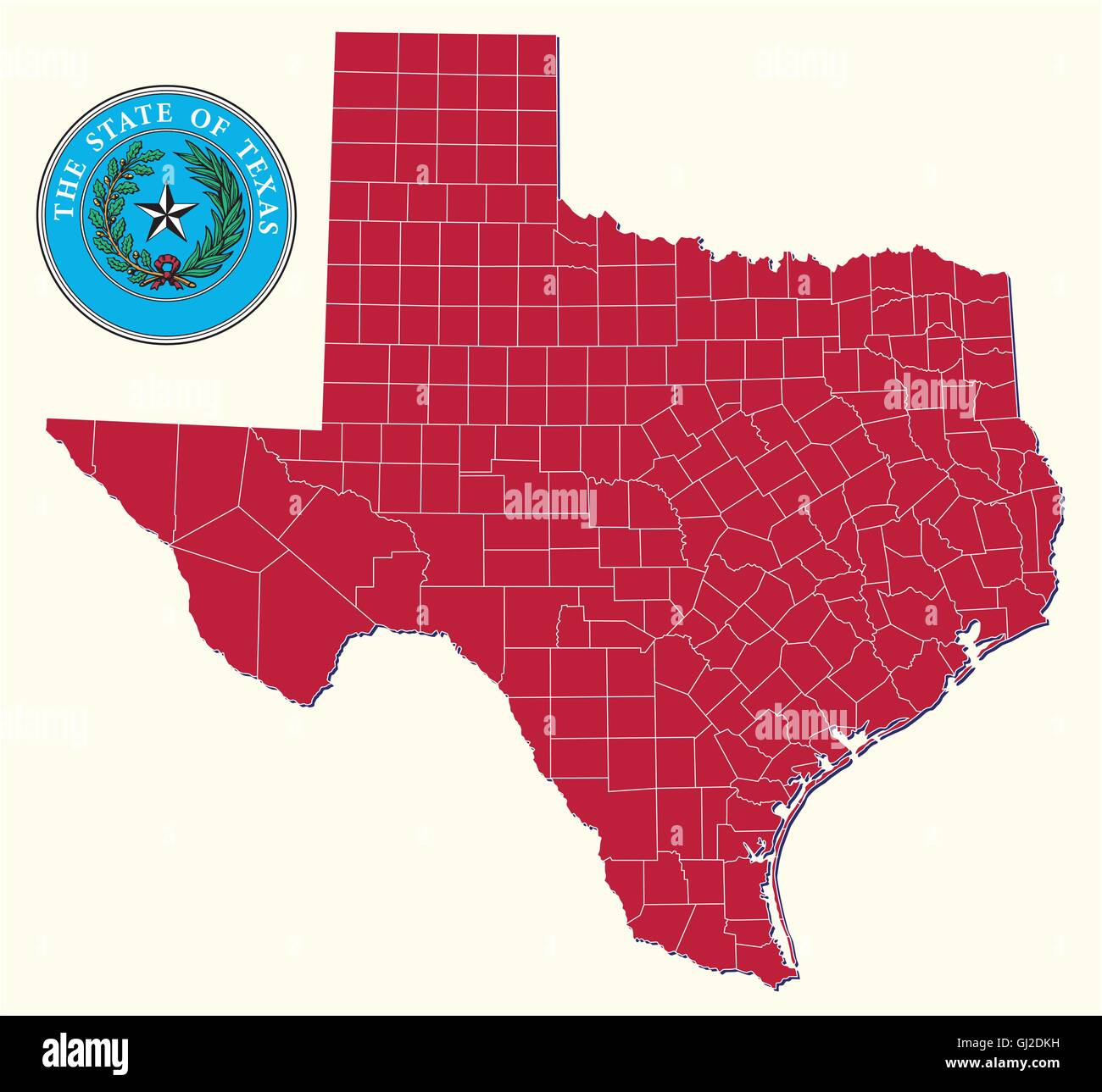 Semplice politica e amministrativa di mappa con sigillo dello stato americano del Texas Illustrazione Vettoriale