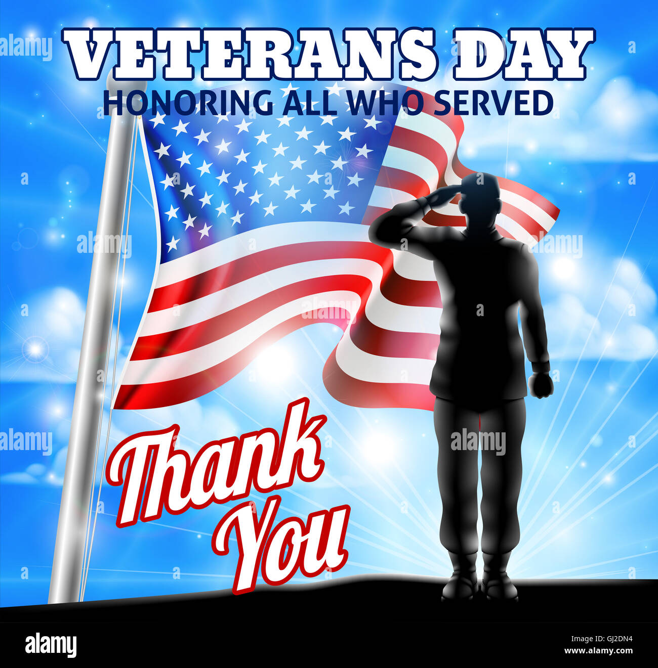 Giornata dei veterani di progettazione di una bandiera americana sventolare nel vento con una silhouette salutando soldato Foto Stock