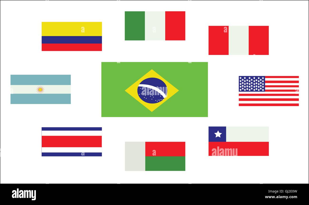 Set di bandiere nazionali, Brasile, Argentina, Italia, Perú, USA, Cile, Costa Rica, Colombia e Madagascar. Digital immagine vettoriale Illustrazione Vettoriale