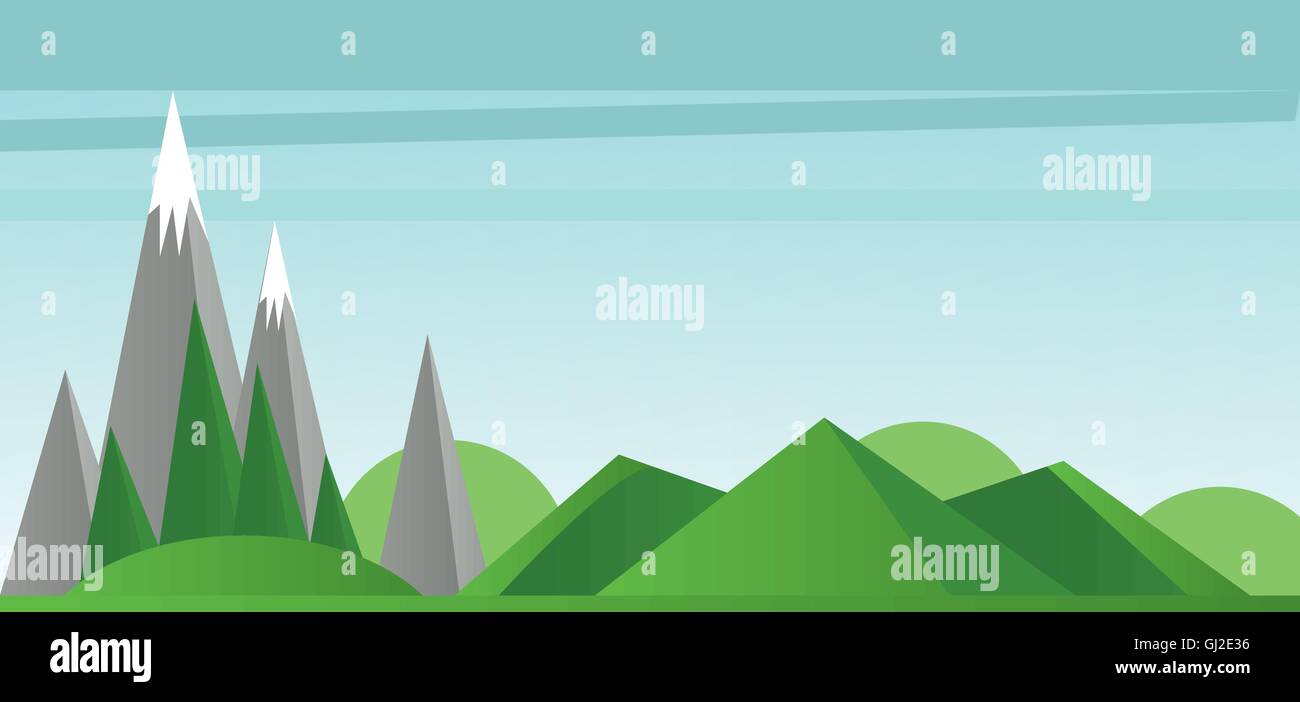 Paesaggio Astratto con campi verdi, alberi di montagne di argento con la neve sulla sommità. Digital immagine vettoriale Illustrazione Vettoriale
