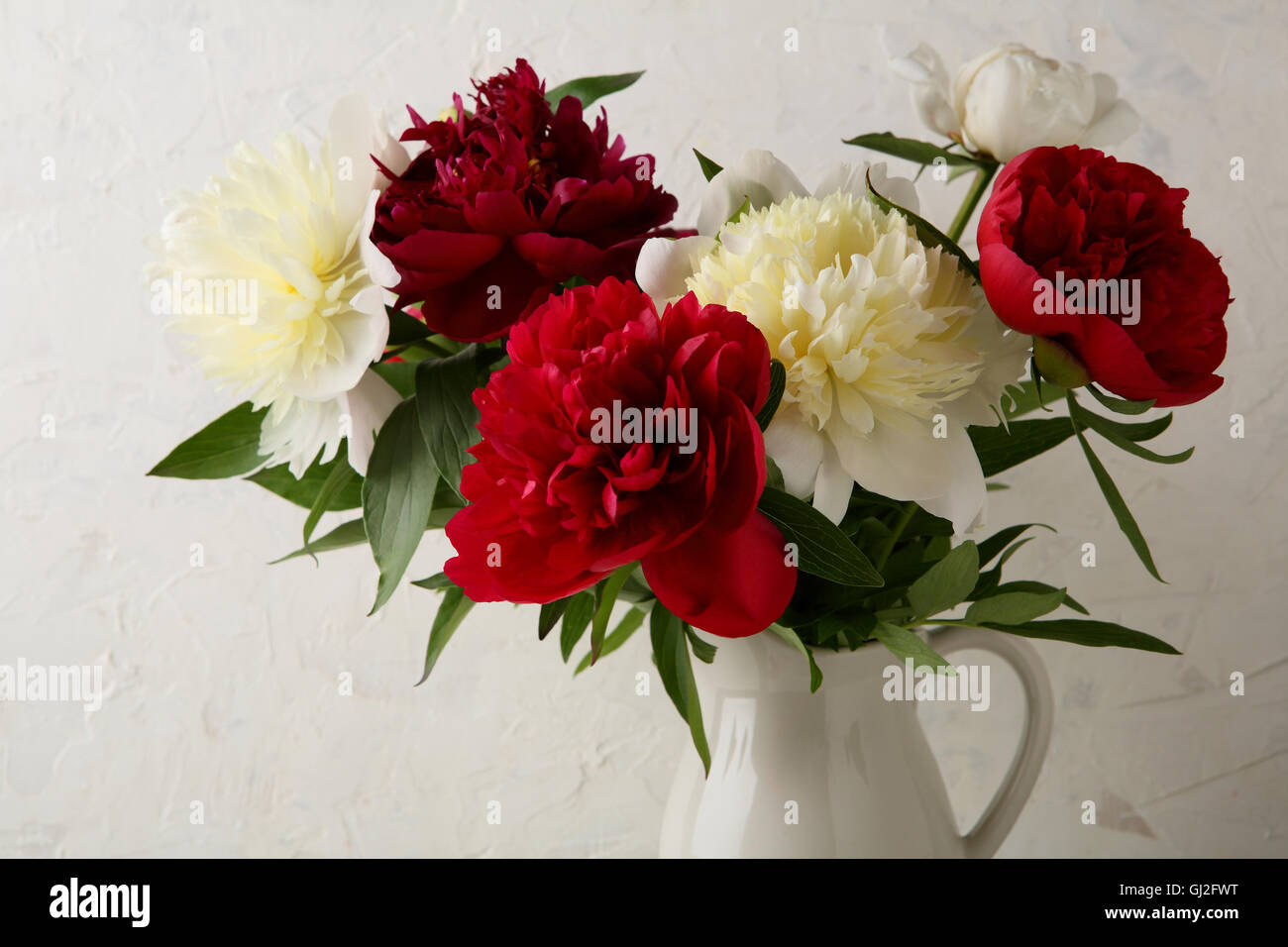 Le Peonie bouquet in Caraffa del Bianco, fiori closeup Foto Stock