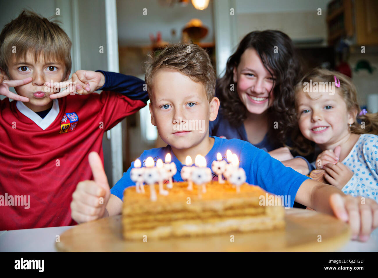 Festa di compleanno, party, candele, Marlenka torta, kid, ragazzi, bambini, bambini Foto Stock