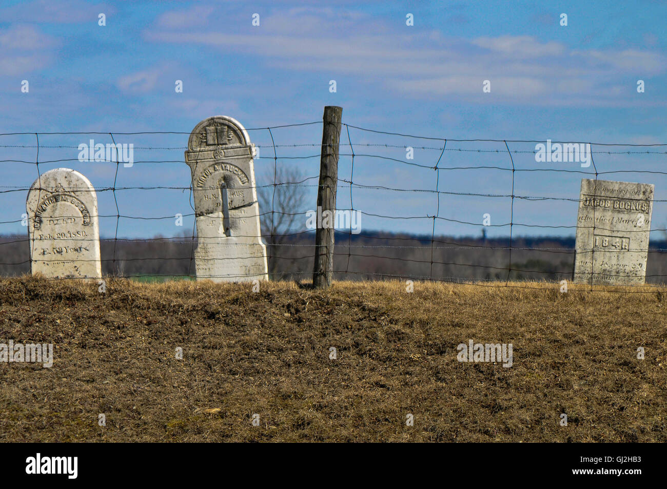 Una vista parziale di lapidi in una tomba su terreno coltivato in Quebec. Foto Stock