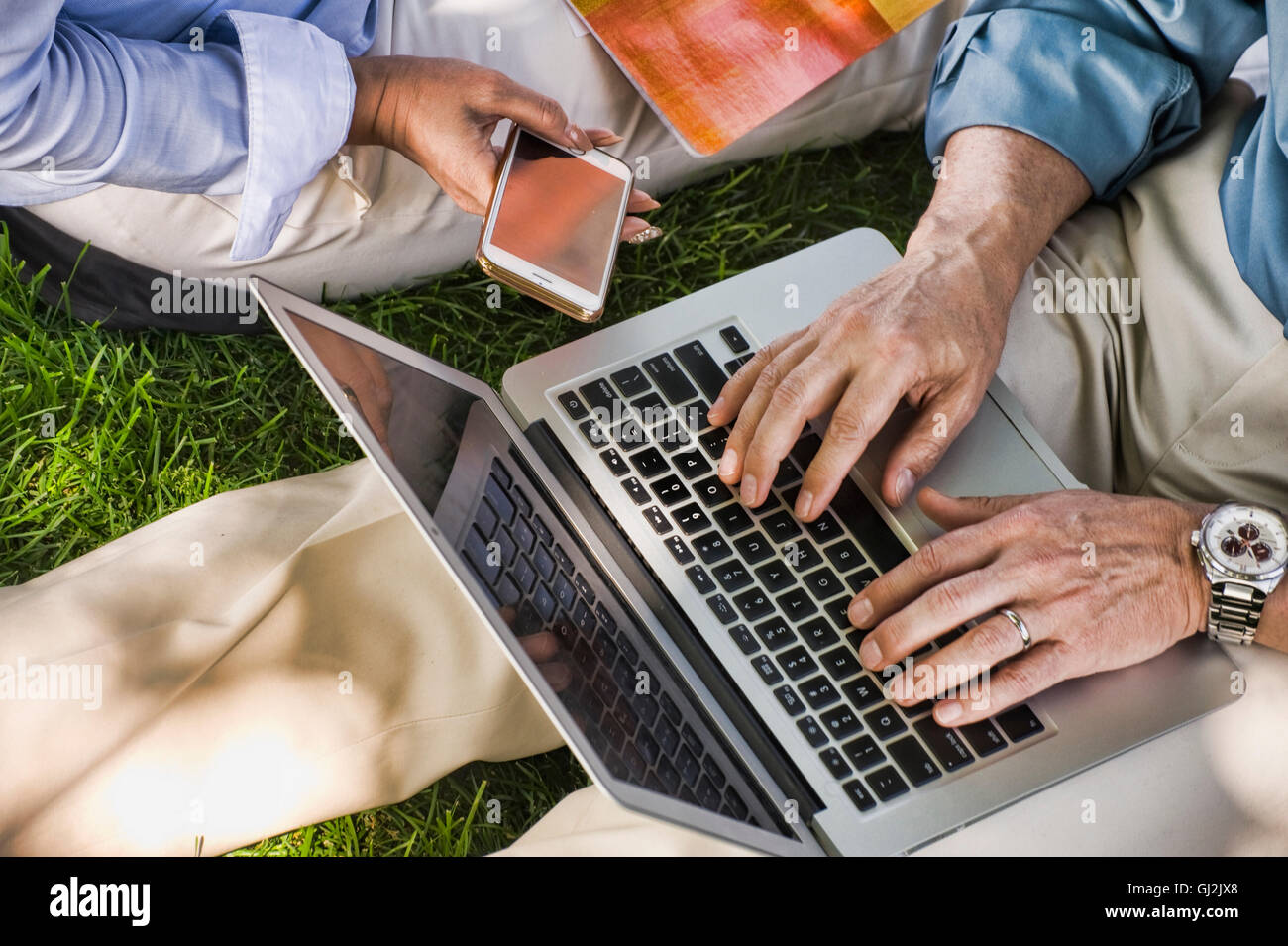 Business l uomo e la donna seduti all'aperto sull'erba, utilizzando laptop, metà sezione Foto Stock