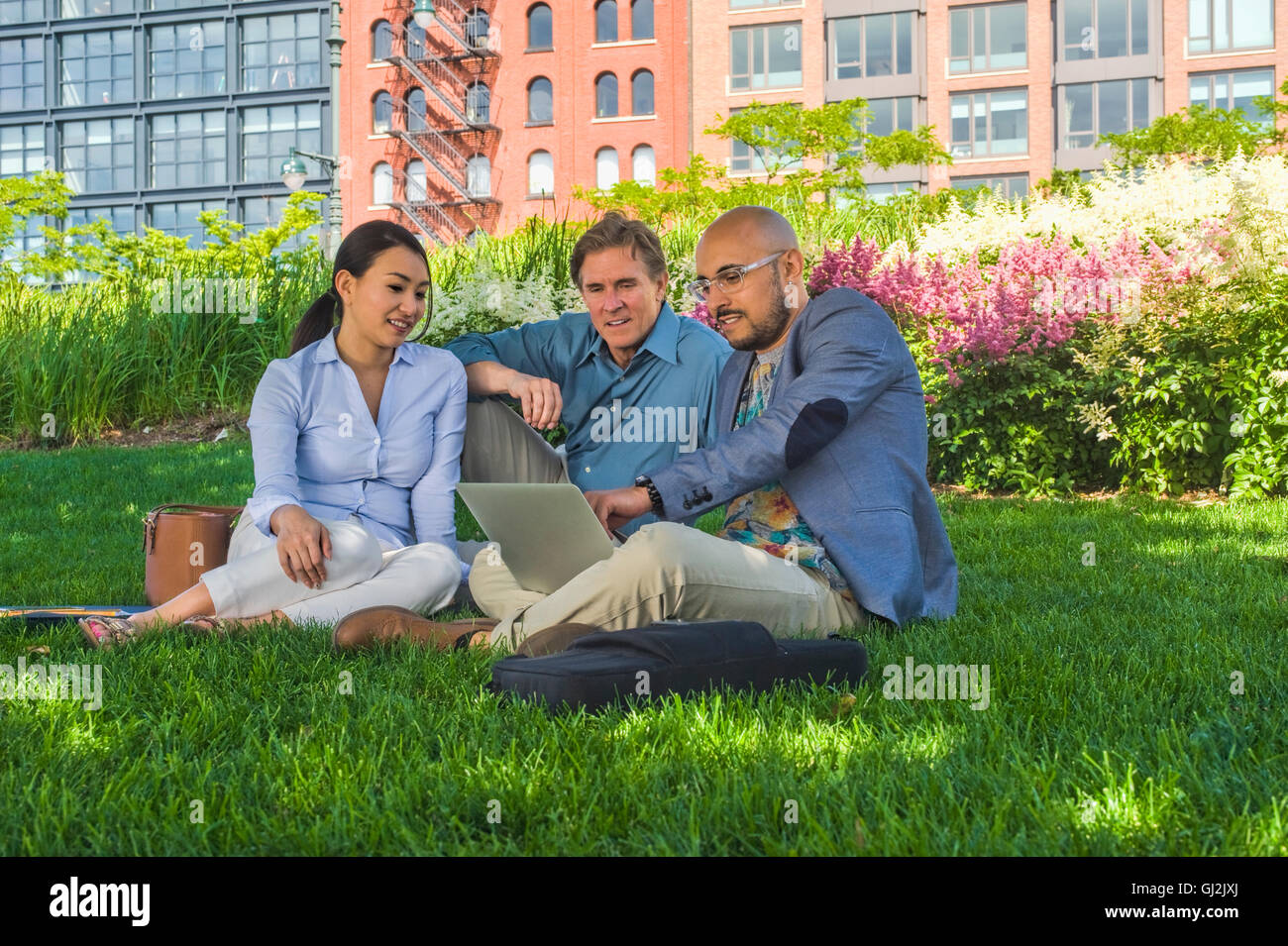Uomini e donne seduti all'aperto sull'erba, utilizzando laptop Foto Stock