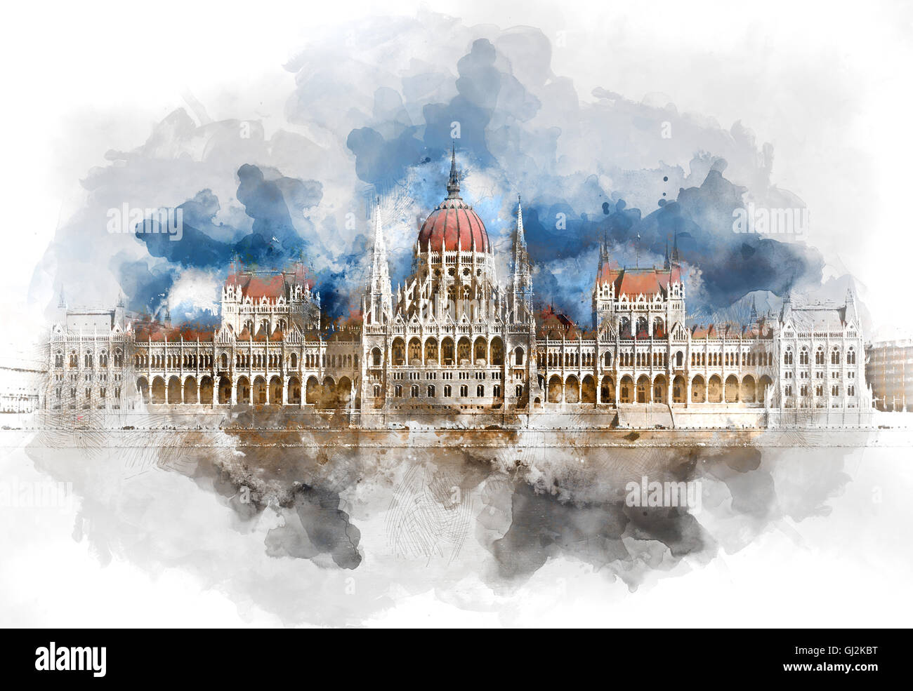 Digital pittura ad acquarello di un parlamento ungherese edificio. Budapest, Ungheria Foto Stock