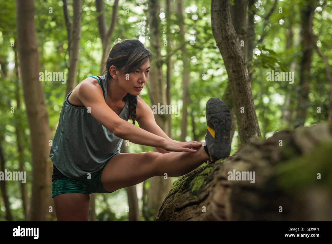 Metà donna adulta che esercitano in foresta, stretching Foto Stock