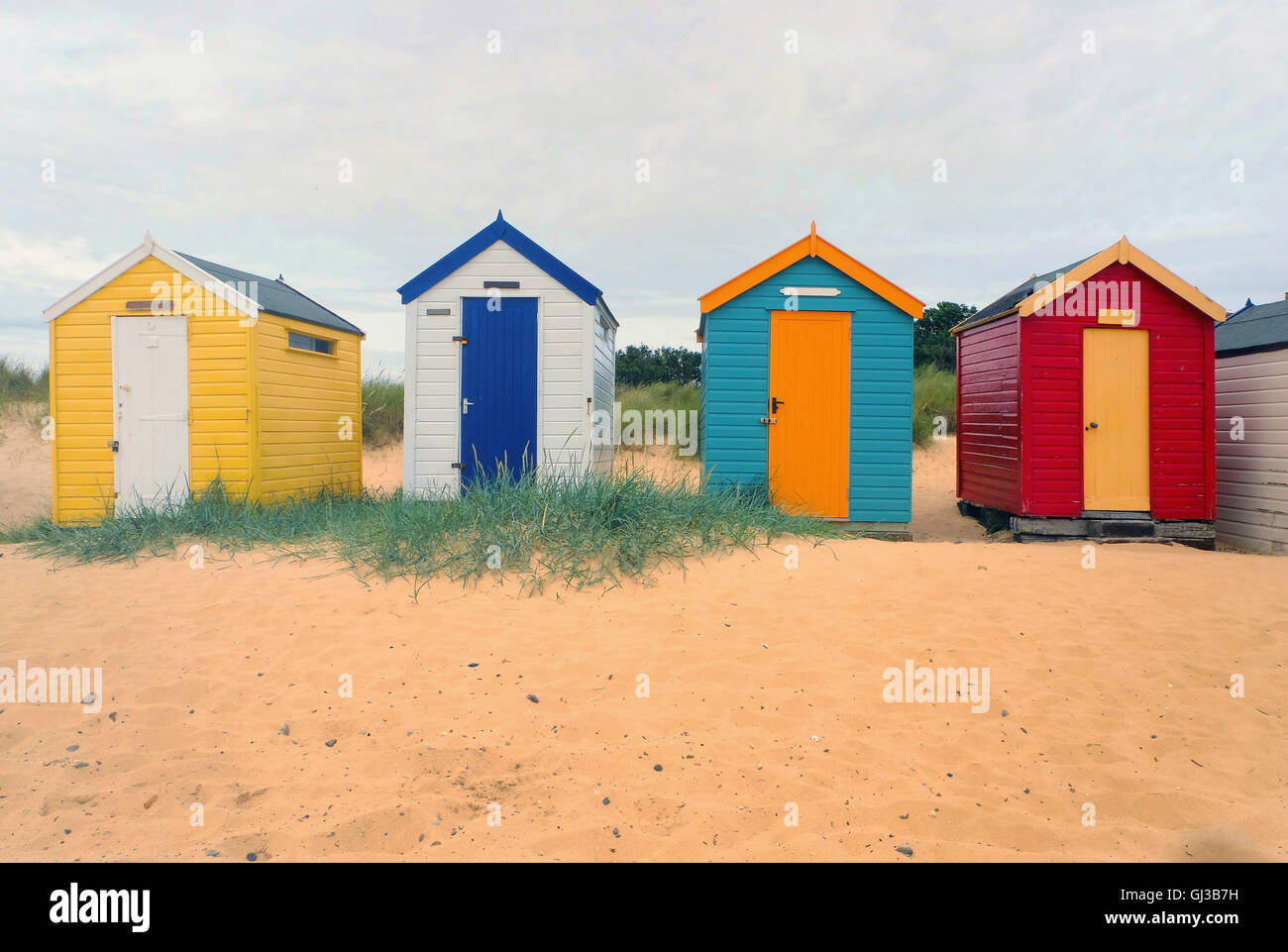 Vista frontale di una fila di quattro multi-spiaggia colorata capanne, Southwold, Suffolk, Regno Unito Foto Stock