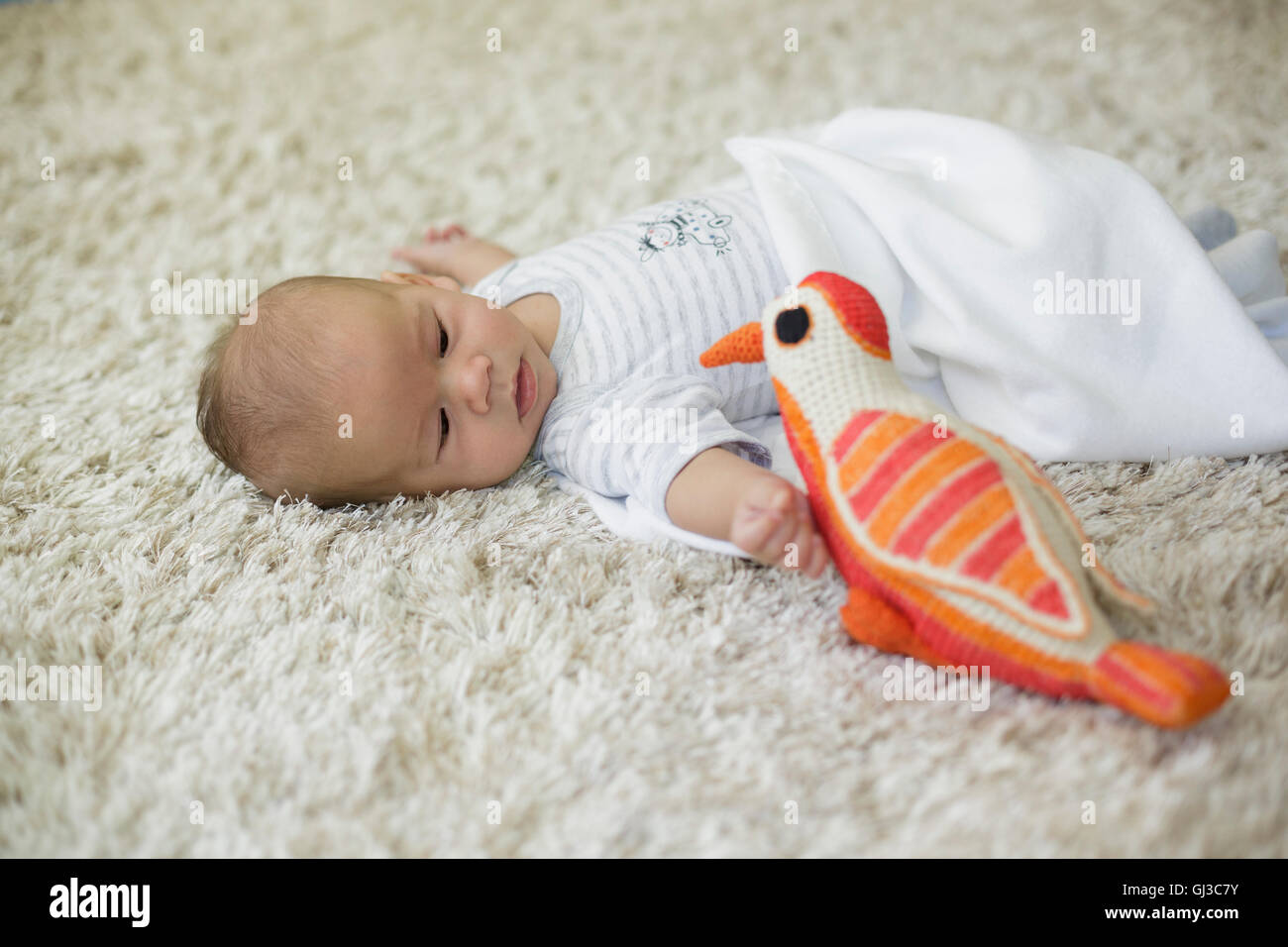 Bambino giacente su rug guardando UCCELLO GIOCATTOLO Foto Stock