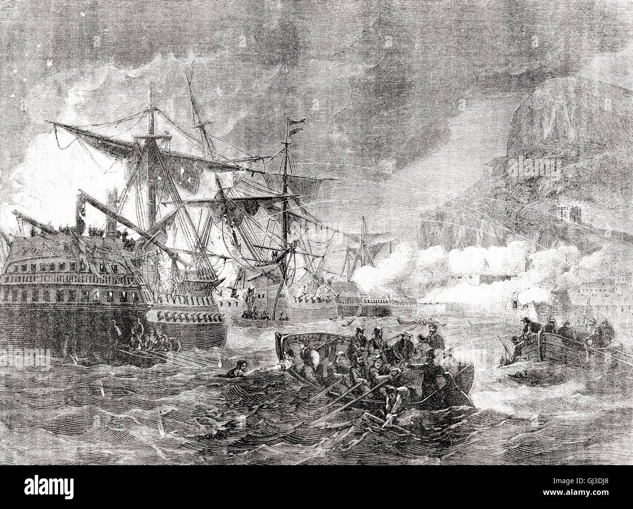 La cattura della nave spagnola della linea San Miguel dagli inglesi durante il Grande Assedio di Gibilterra, 1779 - 1783, un fallito tentativo da parte della Spagna e della Francia per catturare Gibilterra dagli inglesi durante la Guerra di Indipendenza Americana. Foto Stock