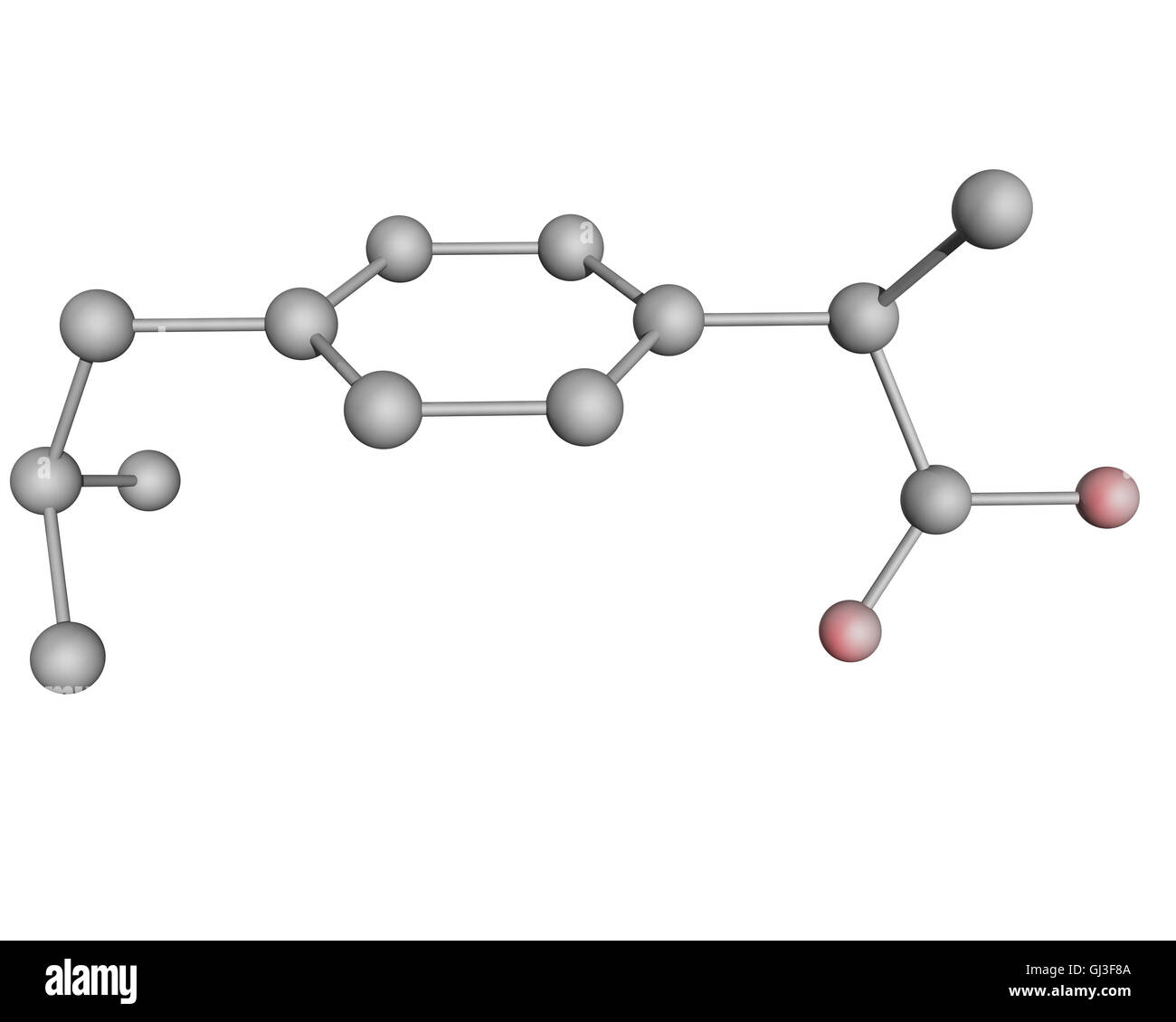 3D illustrazione della molecola a base di ibuprofene con atomi di ossigeno in colore rosso. Idrogeno atomsnot mostrato. Foto Stock