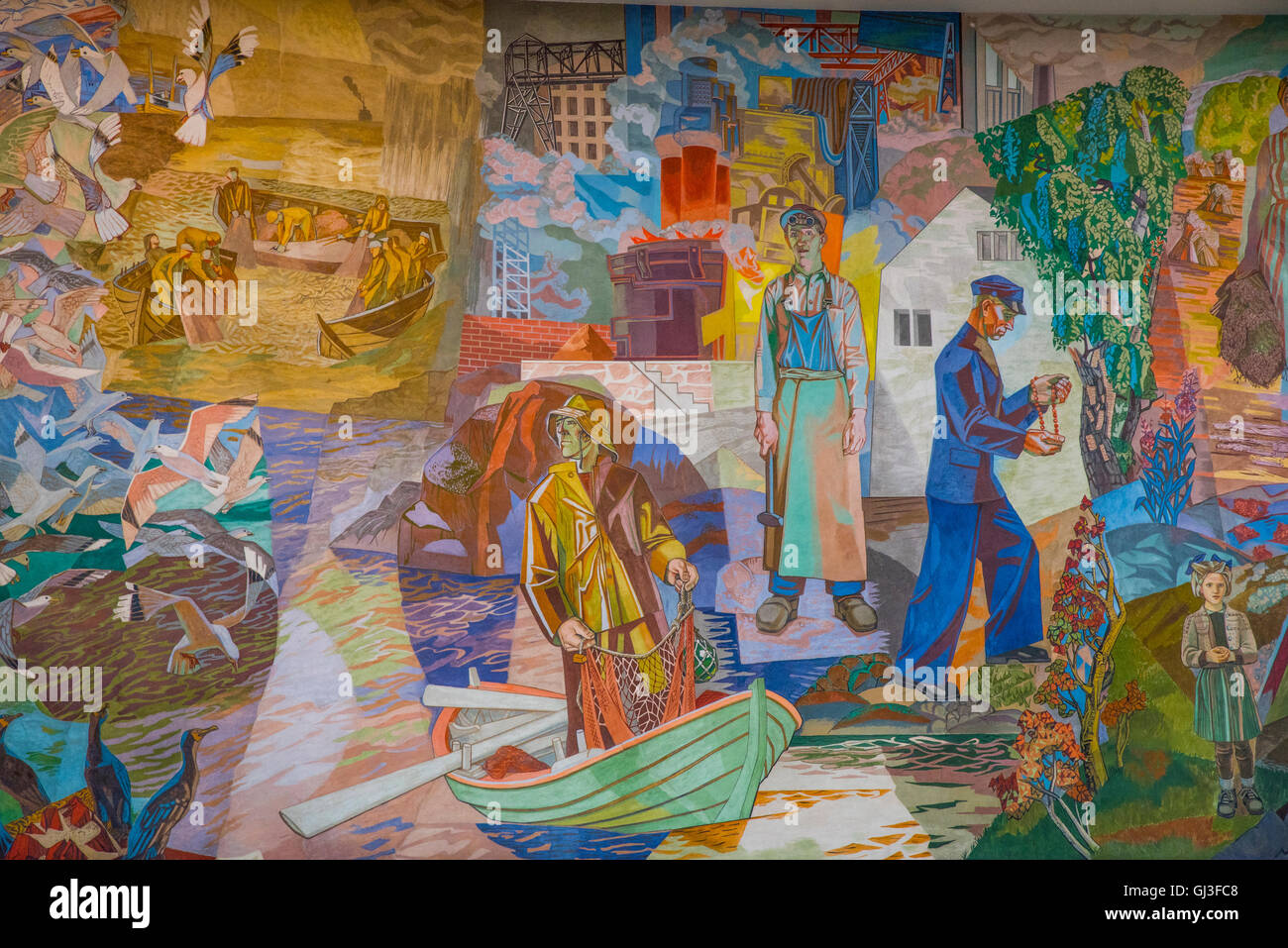 Onda settentrionale, il mare e il pescatore, Dettaglio della parete affrescata da Alf Rolfsen nel salone centrale di Oslo City Hall, Oslo, Norvegia, Scandinavia Foto Stock