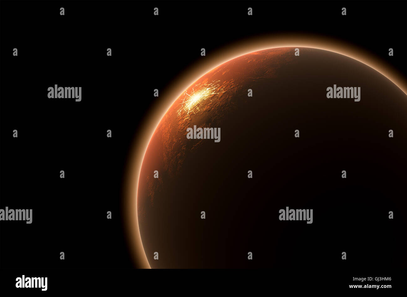 Un 3D render del pianeta Marte con il sole la retroilluminazione e illuminato colonizzato area settliement illuminare sulla superficie Foto Stock