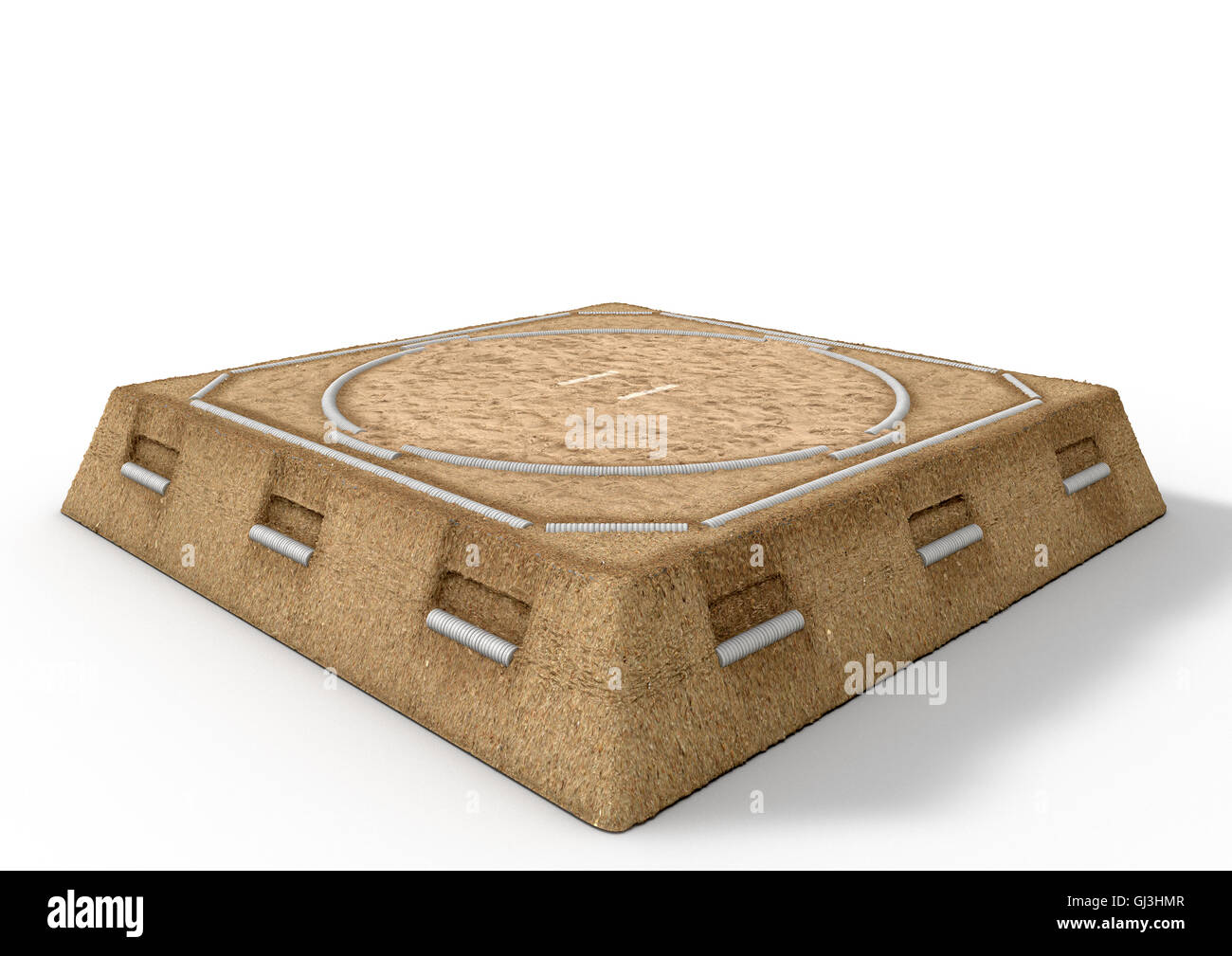 Un 3D rendering di un tradizionale vuoto sumo wrestling anello realizzato con sabbia isolato su un bianco di sfondo per studio Foto Stock