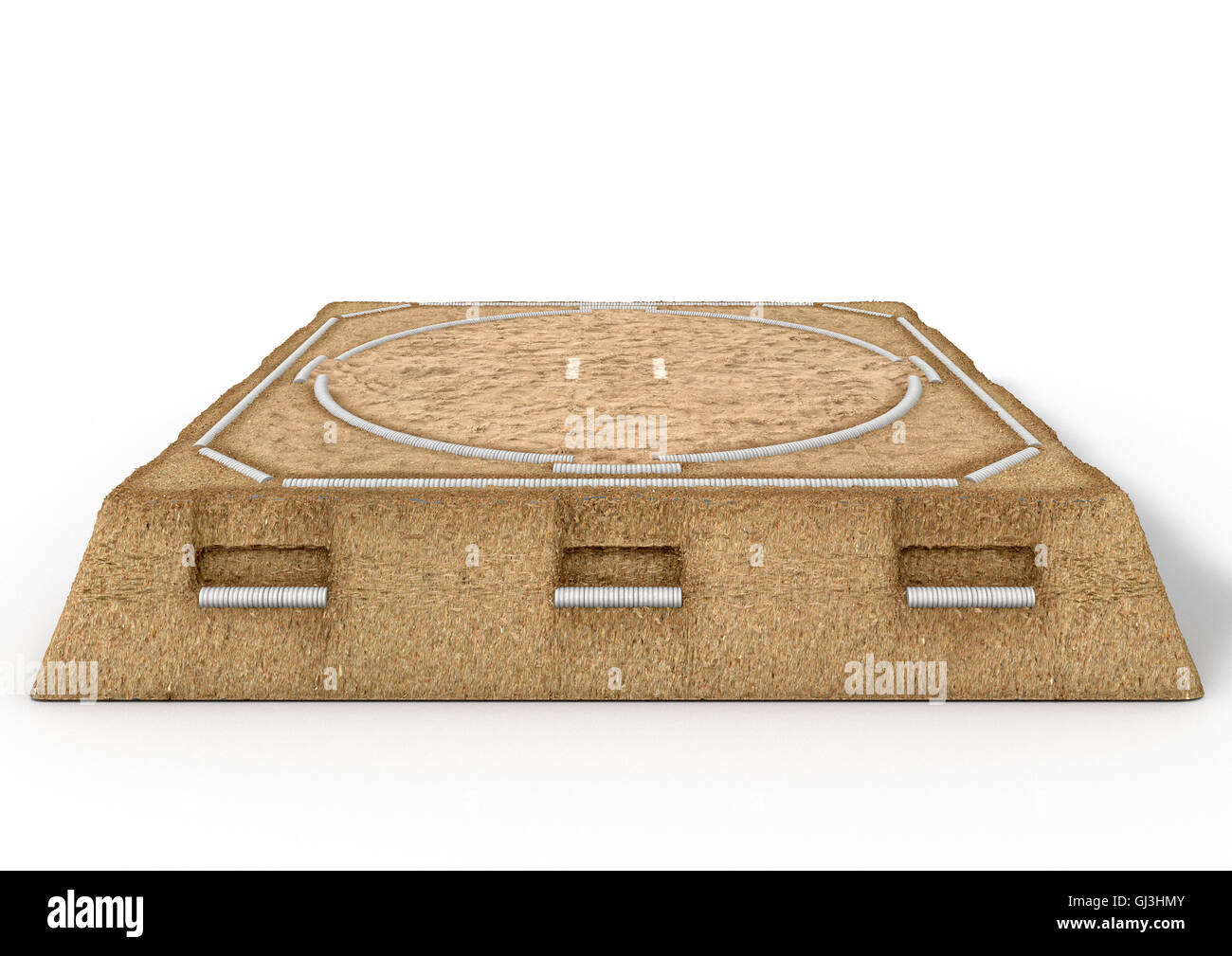 Un 3D rendering di un tradizionale vuoto sumo wrestling anello realizzato con sabbia isolato su un bianco di sfondo per studio Foto Stock