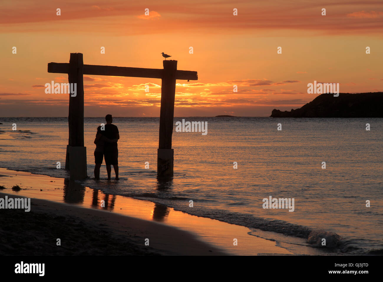 Una coppia in ogni altri braccia Godetevi il tramonto accanto i resti del vecchio molo al Hamelin Bay, Australia occidentale Foto Stock