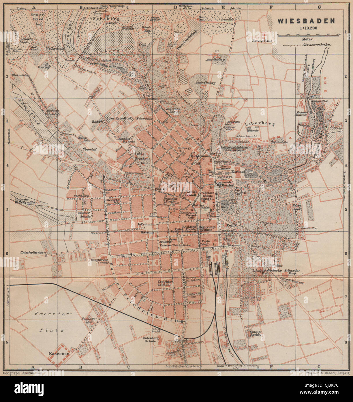 WIESBADEN città antica città stadtplan. Hessen karte. BAEDEKER, 1903 mappa vecchia Foto Stock