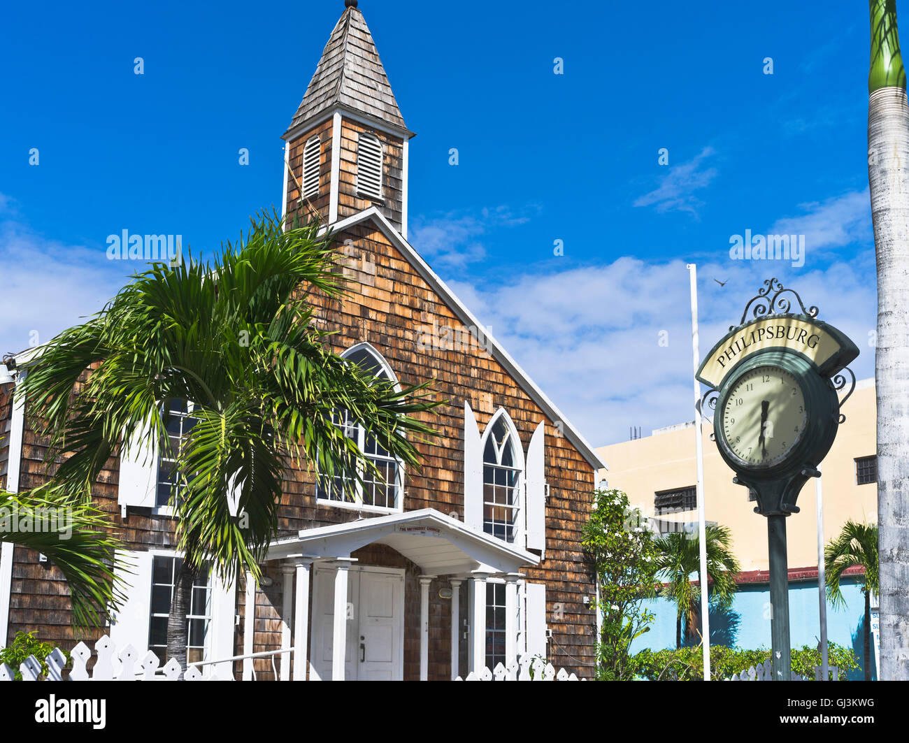 Dh Philipsburg St Maarten Caraibi orologio chiesa coloniale Foto Stock