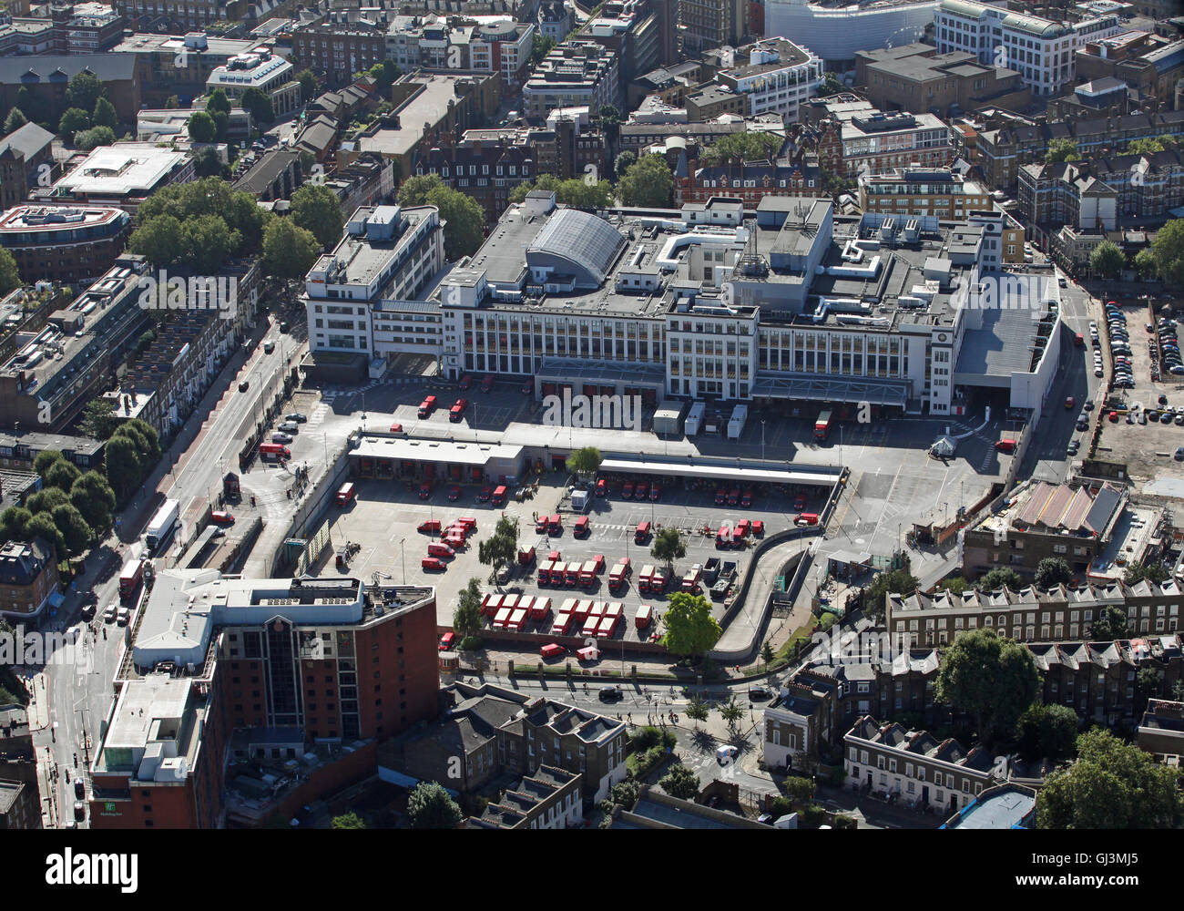 Vista aerea della Royal Mail Mount Pleasant posta nel centro di Farringdon Road, Londra EC1A, REGNO UNITO Foto Stock