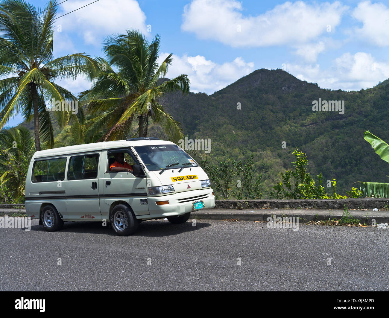 dh ST LUCIA CARAIBI taxi turistico minibus foresta pluviale alberi vacanza Foto Stock