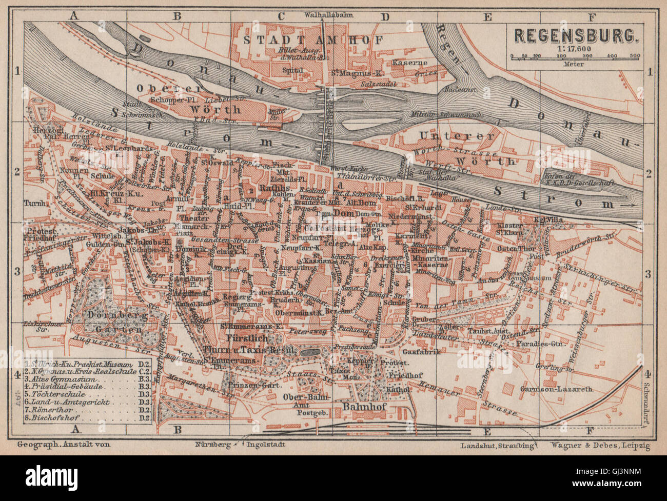 Città di REGENSBURG CITY stadtplan. Bavaria. Ratisbona. Lo Stadtamhof karte, 1895 Mappa Foto Stock