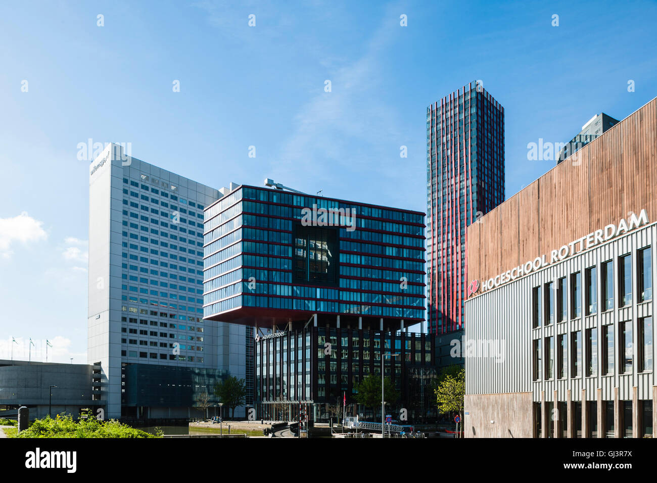 Elevazione laterale del blocco modulare e torre alta. La mela rossa, Rotterdam, Paesi Bassi. Architetto: KCAP Architetti e pianificatori - Jan des Bouvrie, 2009. Foto Stock