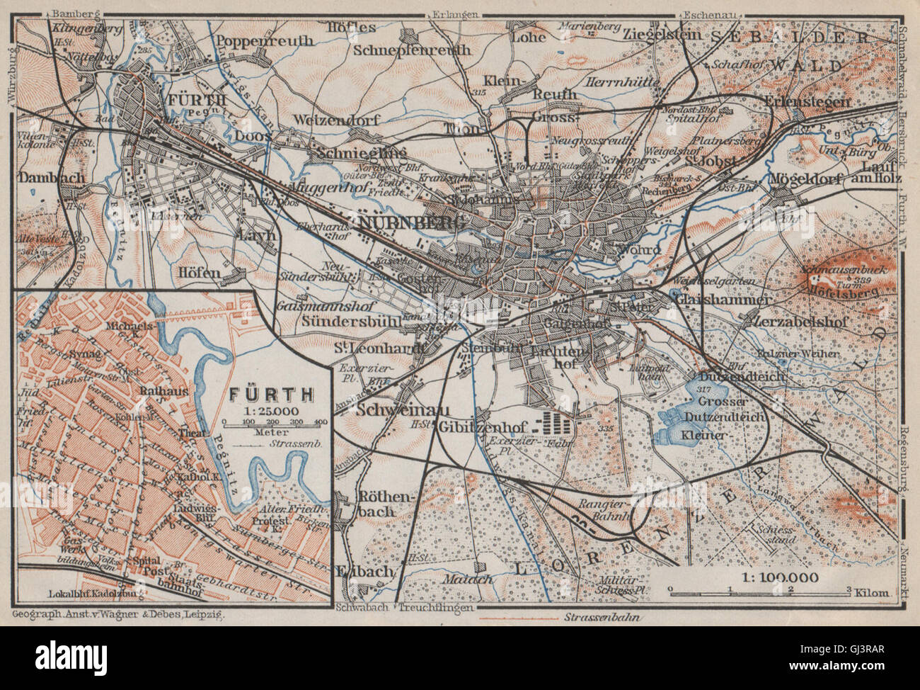 NÜREMBURG (NURNBERG) & FÜRTH town city stadtplan. Bavaria karte, 1910 mappa vecchia Foto Stock