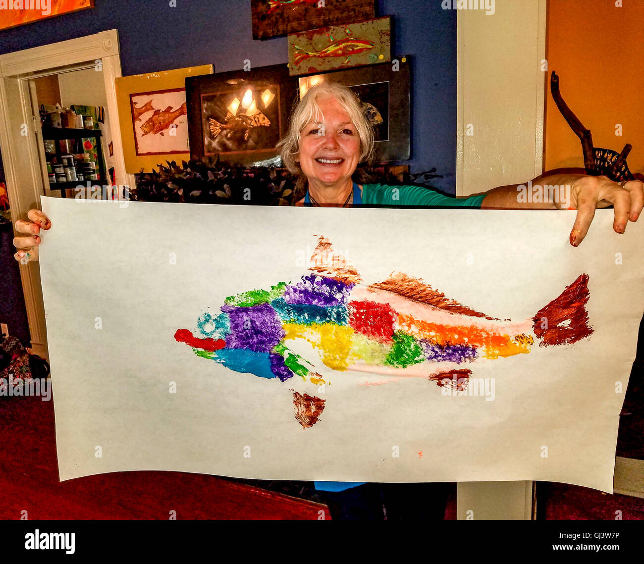 Stampa finale di scorfano di Norvegia dopo la pittura di pesce presso l'Arts' desiderio in Lake Charles. Dipingi il pesce e poi di trasferire l'immagine Foto Stock