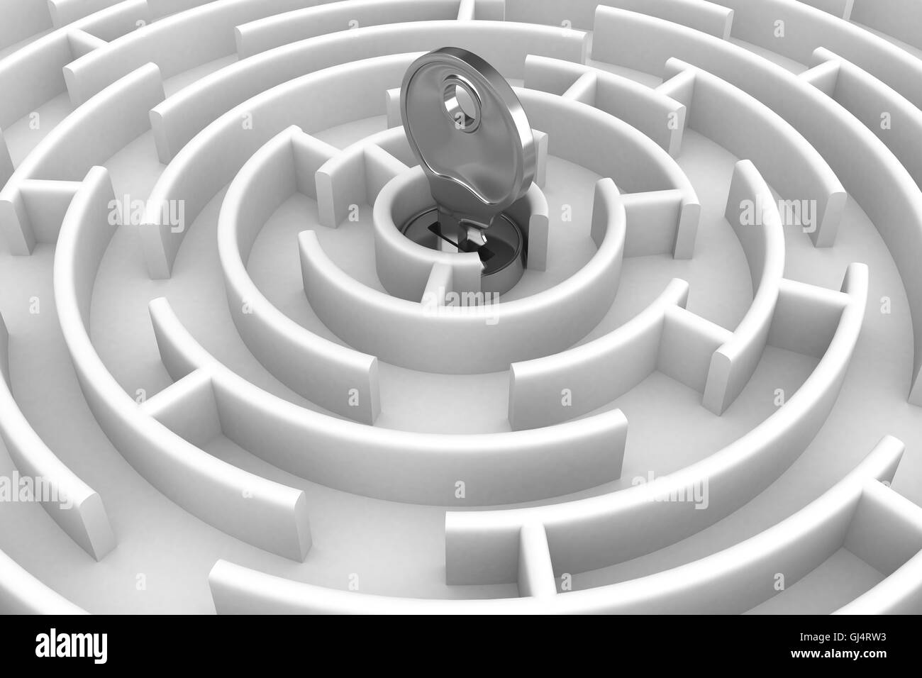 Cerchio bianco labirinto con chiave. Immagine 3D Foto Stock