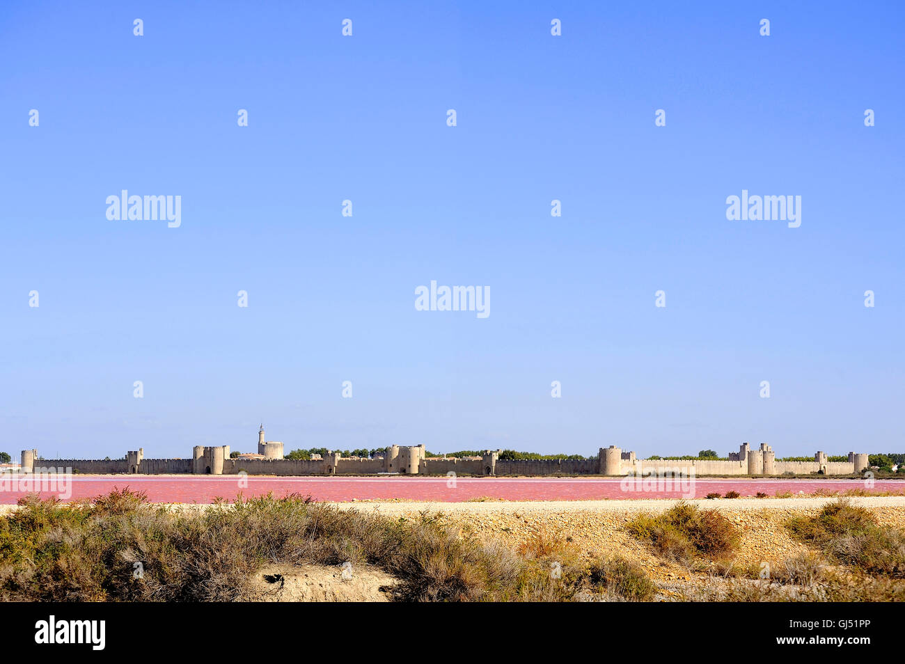 I bastioni della città fortificata di Aigues-Mortes visto sale rosa Foto Stock