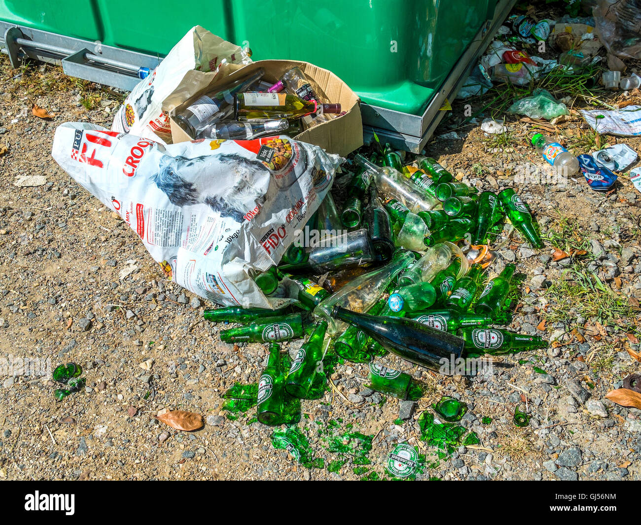 Bottiglie di birra rotte oggetto di dumping contro Consiglio gerani di riciclaggio per i prodotti di carta - Francia. Foto Stock