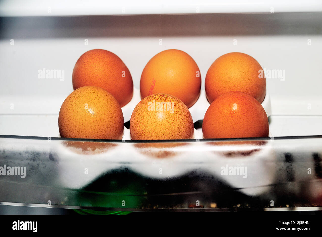 Uova fresche memorizzato nel vano per la porta di un frigorifero Foto Stock