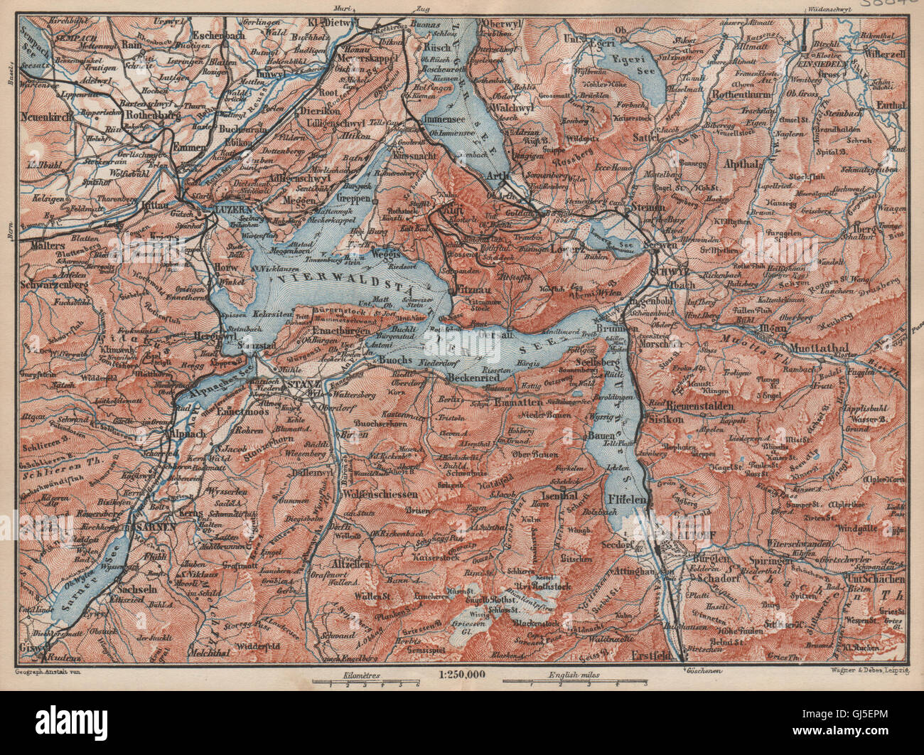 Il lago di Lucerna. Vierwaldstättersee. Luzern Engelberg Sarnen Altorf Stanz, 1889 Mappa Foto Stock