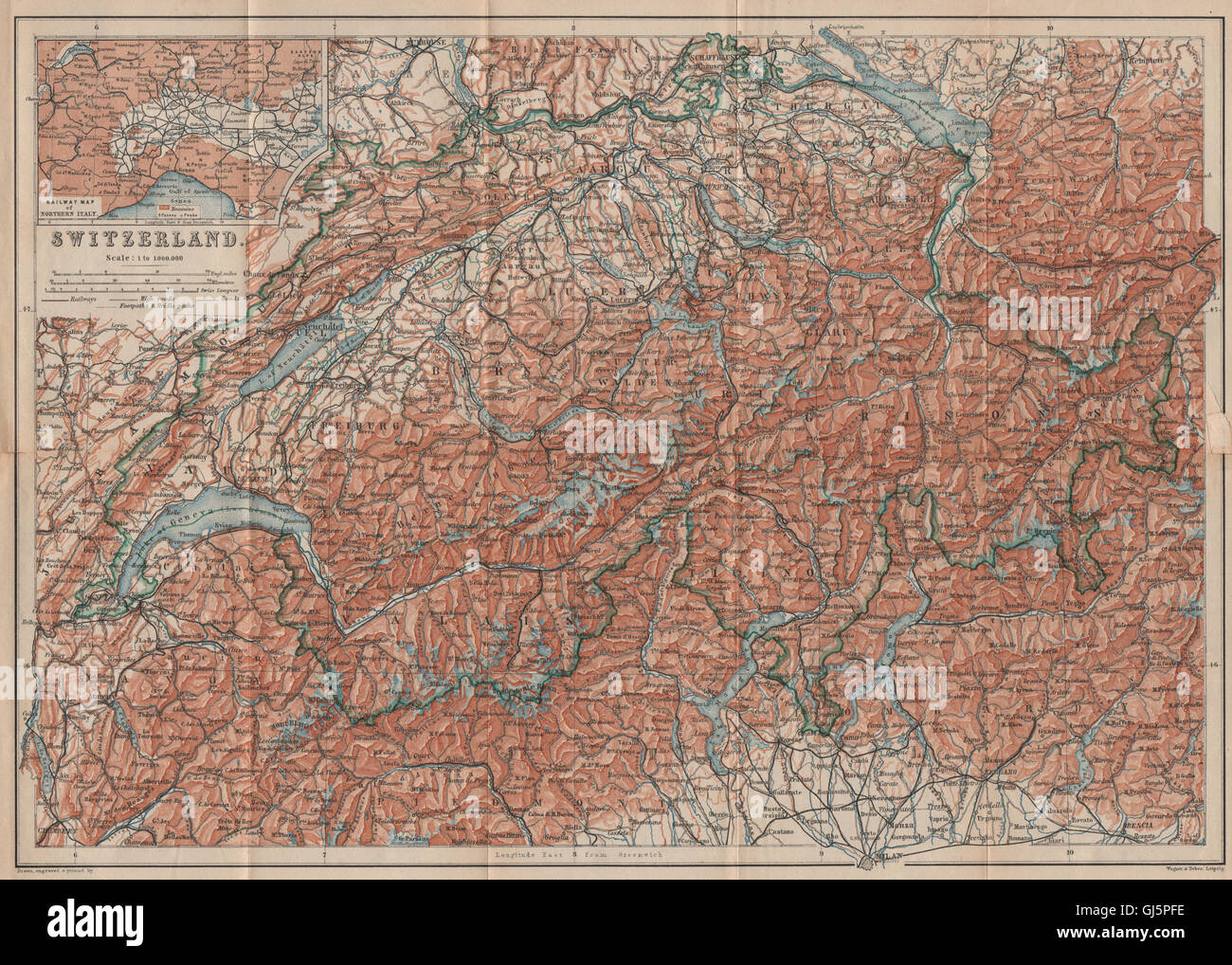 Cartina della Svizzera Suisse Schweiz. Nord Italia ferrovie carte karte,  1909 Foto stock - Alamy
