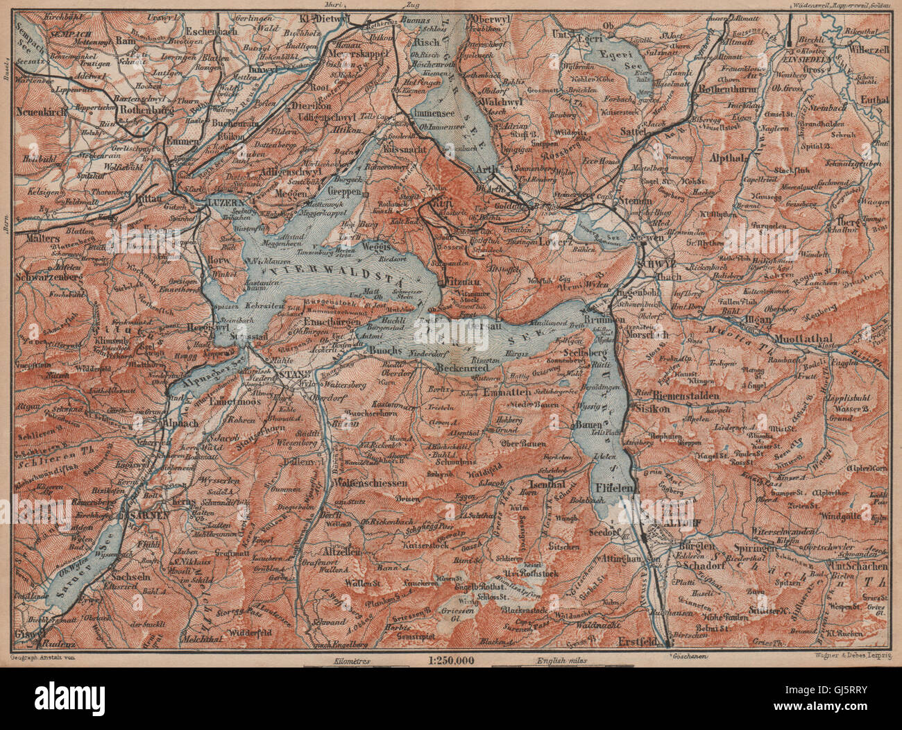 Il lago di Lucerna. Vierwaldstättersee. Luzern Engelberg Sarnen Altorf Stanz, 1893 Mappa Foto Stock