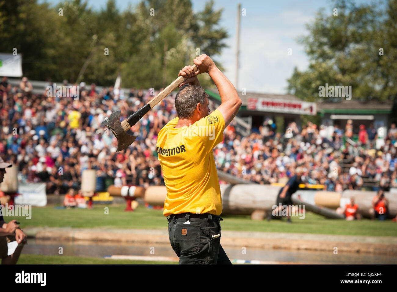 Un concorrente in ax evento di lancio. La Squamish logger logger giorno evento sportivo. Foto Stock