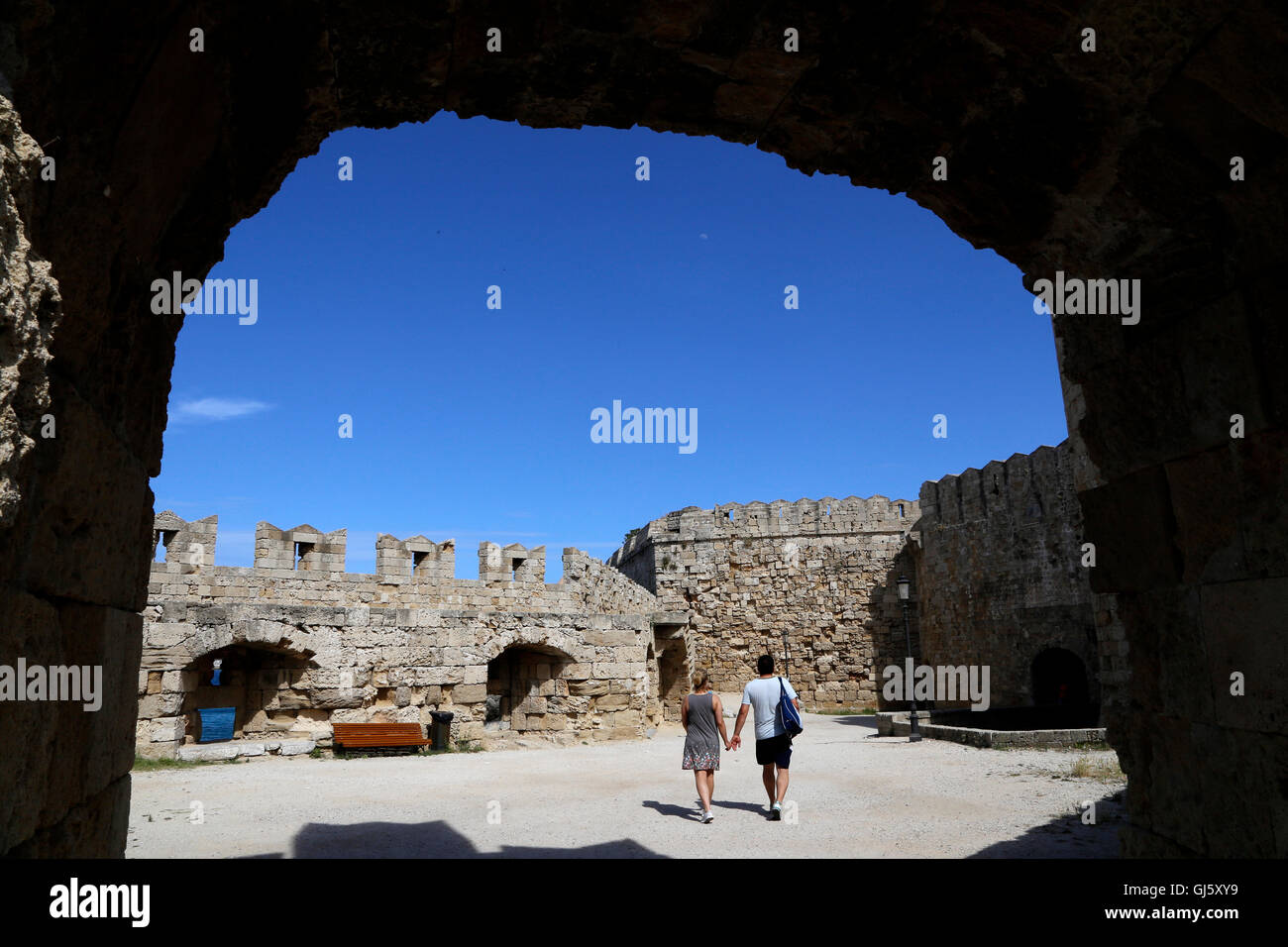 Mura medievali della città nella città di Rodi, Grecia (city gate) Foto Stock