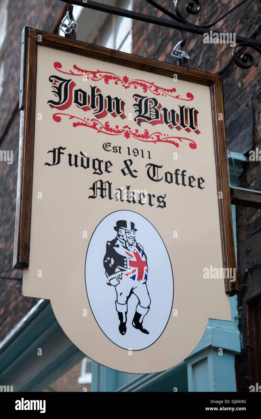 John Bull Fudge e toffee Makers Shop segno, York, England, Regno Unito Foto Stock