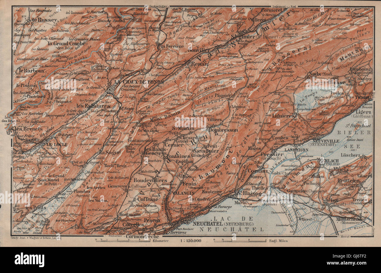 A nord-ovest del Giura. Neuchâtel La Chaux de Fonds Neuveville. Topo-map, 1905 Foto Stock