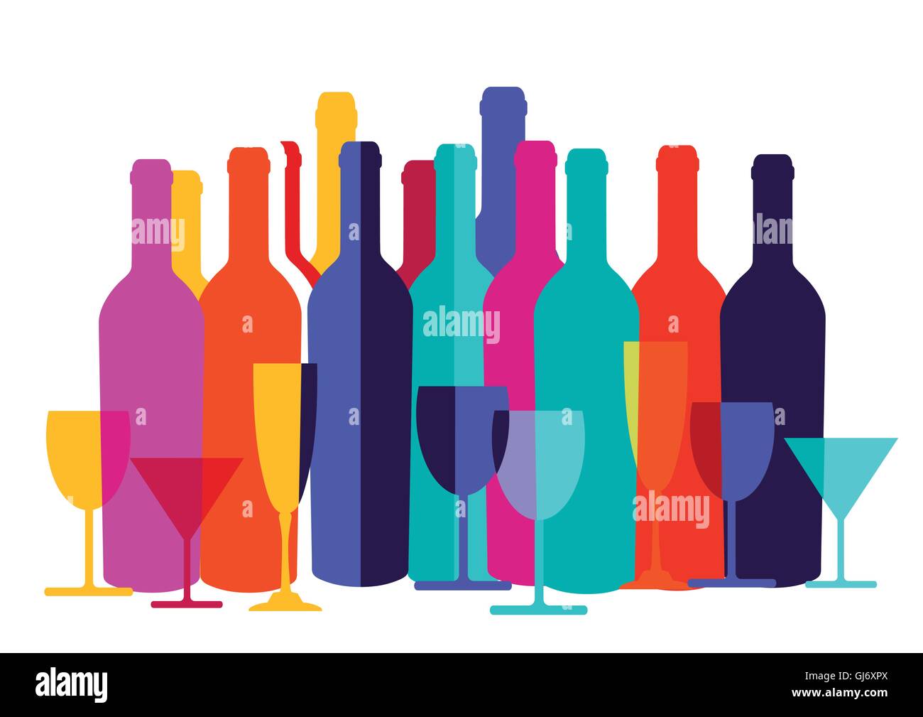 Cocktail colorato in vetro e bottiglia di vino Illustrazione Vettoriale