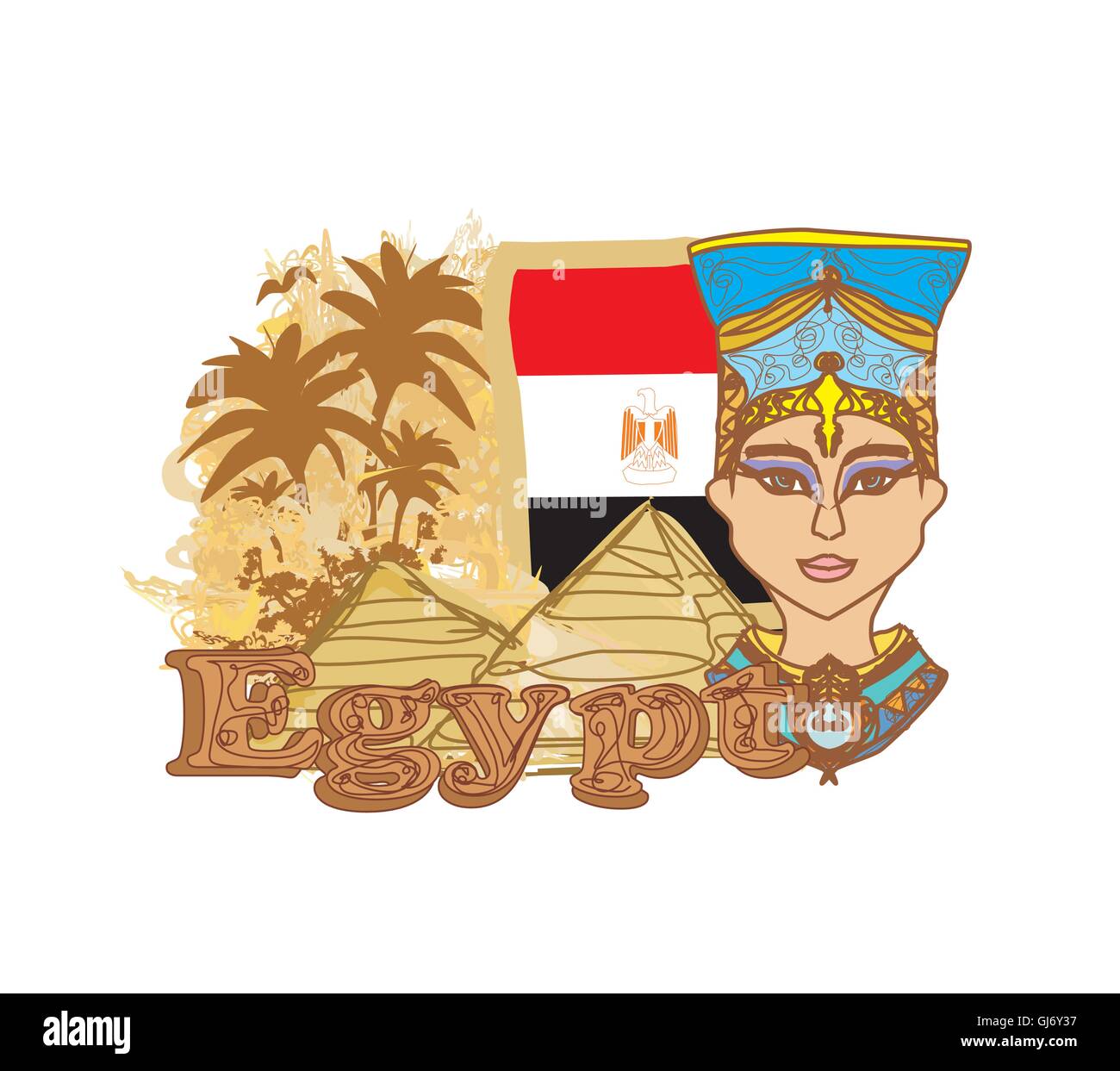 Regina egiziana cleopatra sullo sfondo della bandiera dell'Egitto Illustrazione Vettoriale