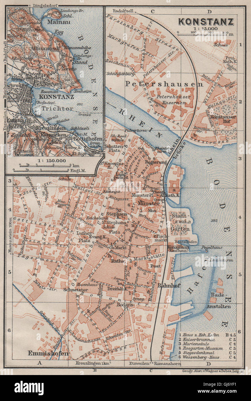 Costanza. KONSTANZ. town city stadtplan. Germania karte. BAEDEKER, 1909 ...