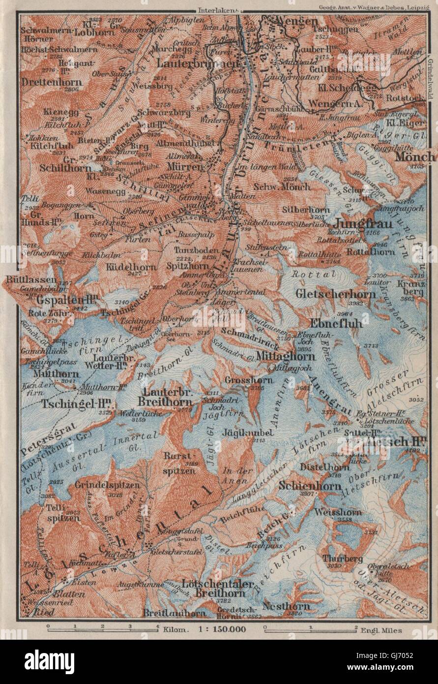 Alta Valle di Lauterbrunnen/parete. Mürren Grosshorn Breithorn Jungfrau, 1909 Mappa Foto Stock