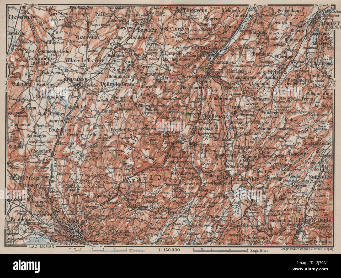 PAYS DE VAUD a nord. Losanna Moudon Romont Jorat Moudon Echallens, 1909 Mappa Foto Stock