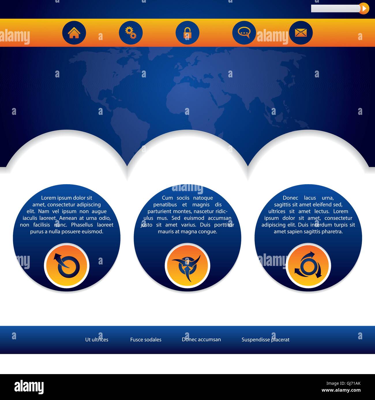 Modello di sito web design in blu e arancione Illustrazione Vettoriale