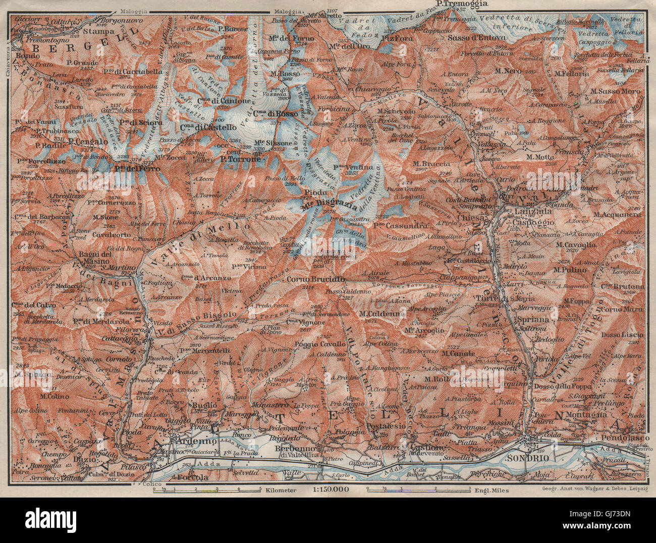 VAL MASINO/BREGAGLIA ALPI. Disgrazia Caspoggio Tellina Malenco Sondrio, 1911 Mappa Foto Stock