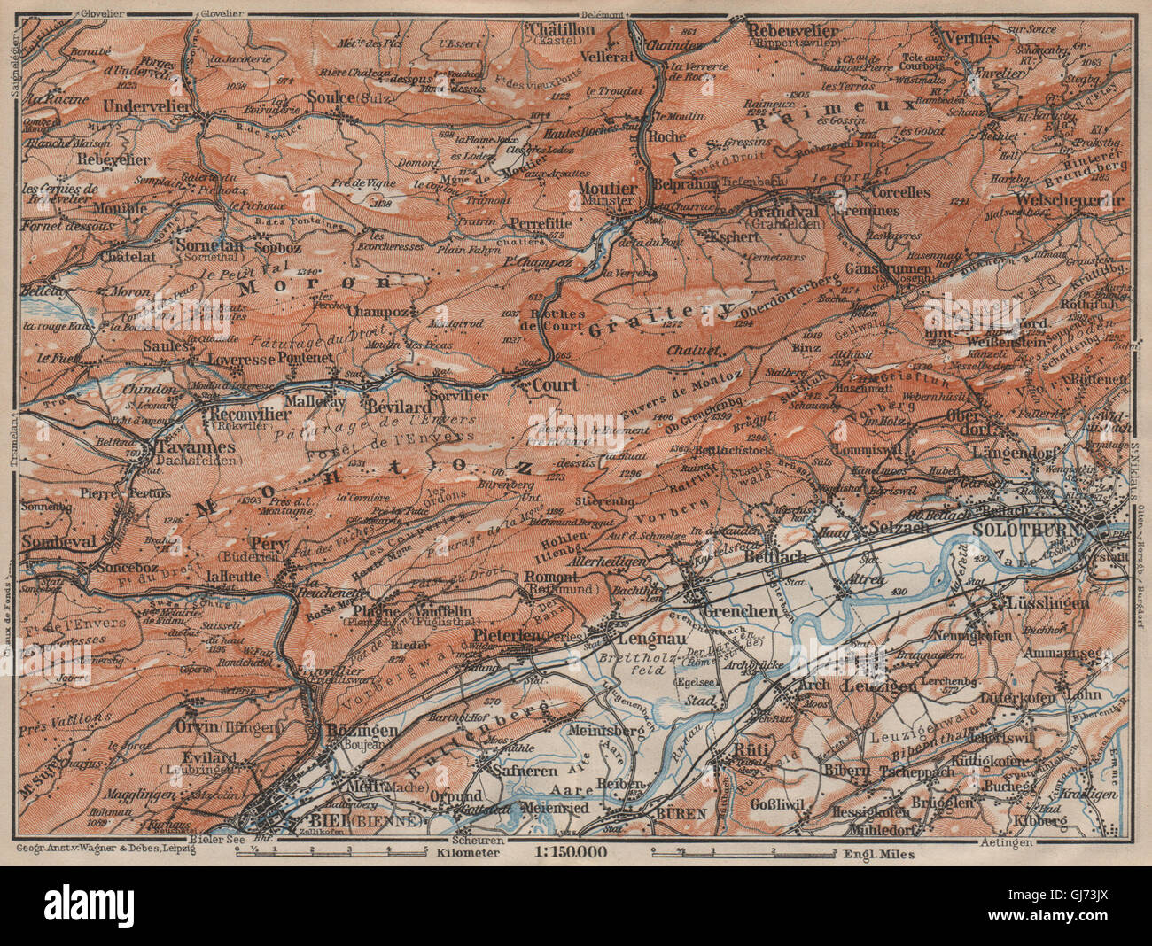 Giura bernese. Solothurn Biel/Bienne Rebeuvelier Tavannes. Topo-map, 1913 Foto Stock