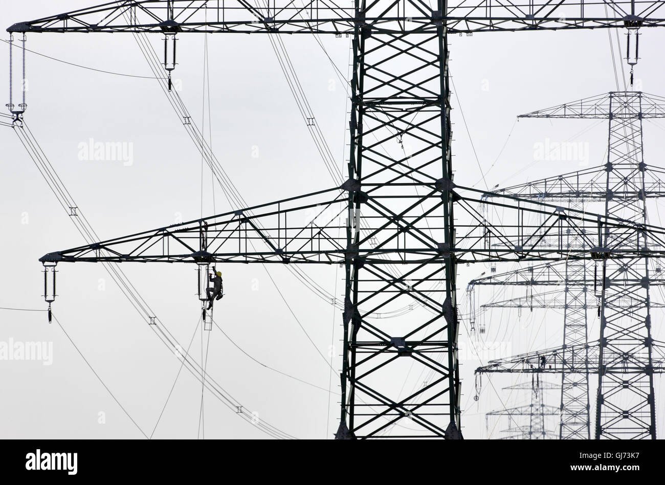 L'uomo, è la scalata, scala, altezza, vertiginoso, linea di alimentazione, trasmettendo a montanti, legno di alberi di trasmissione, luce posteriore, silhouette Foto Stock