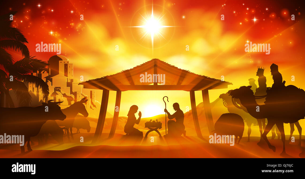 Natale scena della natività cristiana del Bambino Gesù nella mangiatoia con Maria e Giuseppe in silhouette circondato dagli animali e il Foto Stock